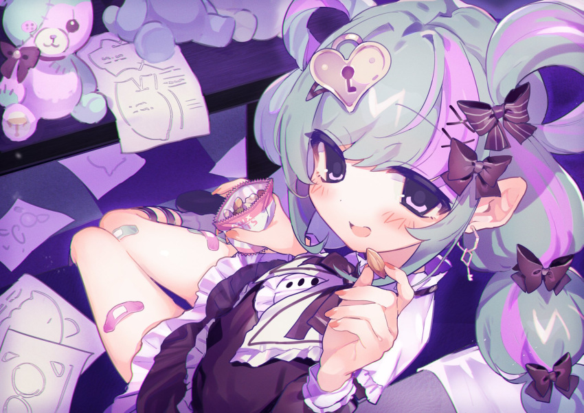 1girl, 2000s_(style), ankle_strap, bandaid, bandaid_on_leg, black_bow, black_dress, blush, bow, dot_nose, dress, earrings, food, frilled_dress, frills, green_hair, hair_bow, hair_rings, hand_up, highres, holding, holding_food, hookah_haze, indoors, jewelry, komori_kurumi, lock_hair_ornament, long_hair, looking_at_viewer, multicolored_hair, nut_(food), open_mouth, orange_nails, paper, purple_hair, short_dress, sitting, smile, socks, solo, streaked_hair, stuffed_animal, stuffed_toy, twintails, violet_eyes
