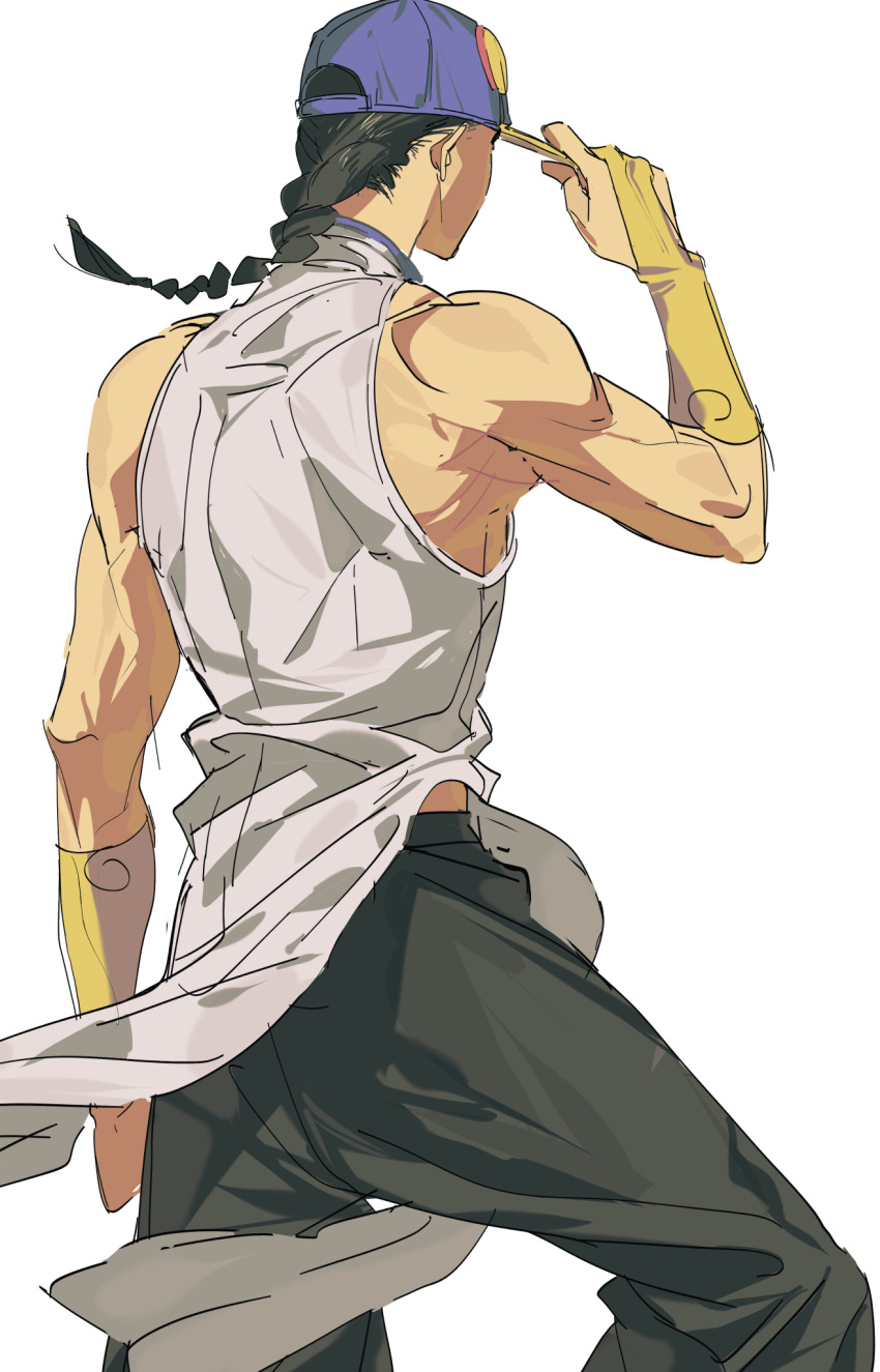 1boy, bare_shoulders, baseball_cap, black_pants, blue_baseball_cap, blue_hat, braid, bridal_gauntlets