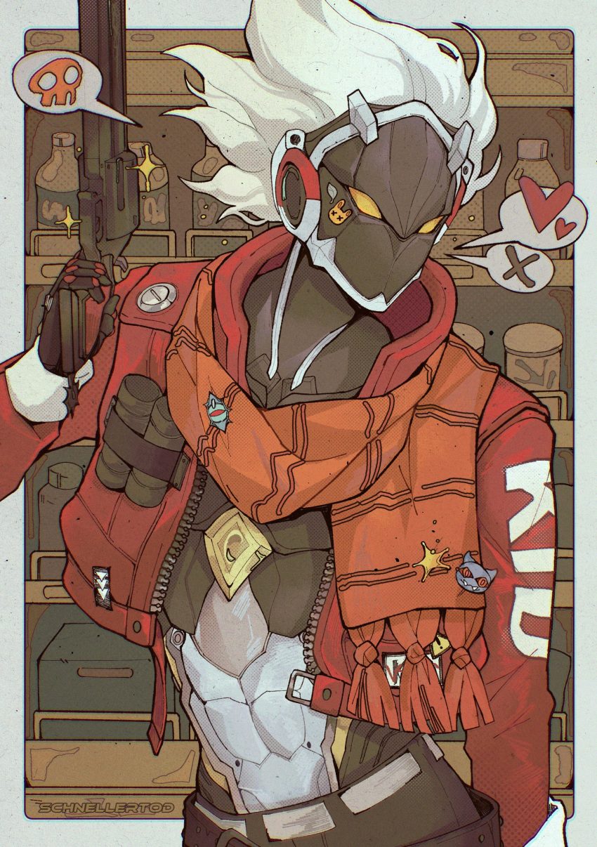 1boy, abs, belt, billy_kid, black_belt, cyborg, gun, highres, holding, holding_gun, holding_weapon, jacket, male_focus, open_clothes, open_jacket, orange_scarf, red_jacket, revolver, scarf, schneller_tod, solo, speech_bubble, spiky_hair, spoken_symbol, weapon, white_hair, yellow_eyes, zenless_zone_zero