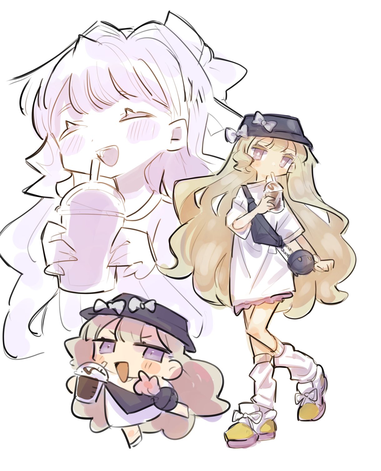 1girl, black_hat, blonde_hair, blush, bow, casual, chibi, closed_eyes
