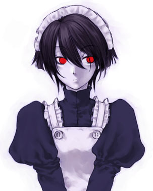 1girl, apron, atlus, black_hair, black_shirt, black_sleeves, closed_mouth, colored_skin