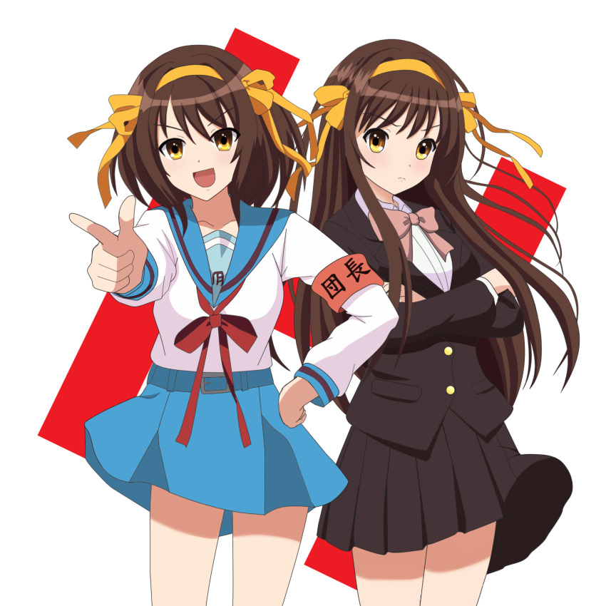 2girls, :d, armband, belt, blazer, blue_belt, blue_sailor_collar, blue_skirt
