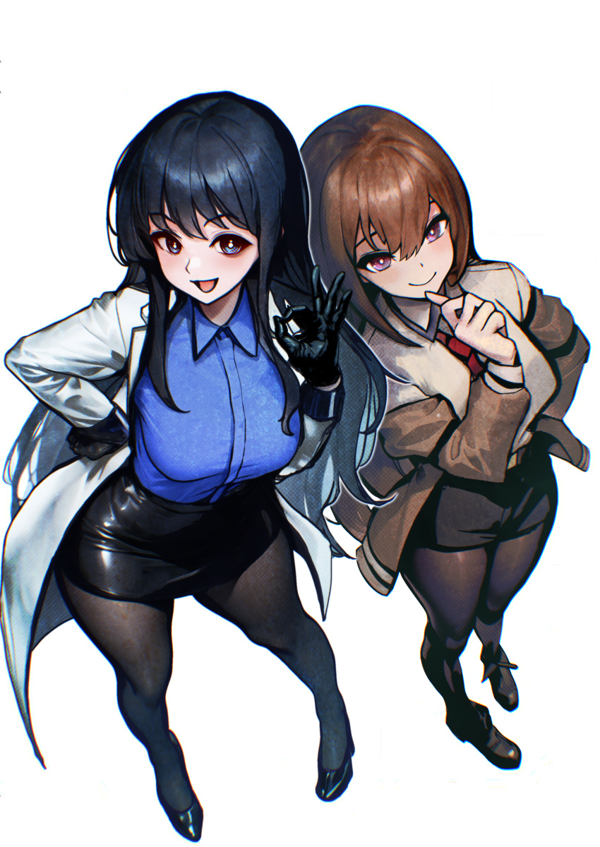 2girls, absurdres, black_footwear, black_gloves, black_hair, black_pantyhose, black_shorts, blue_eyes