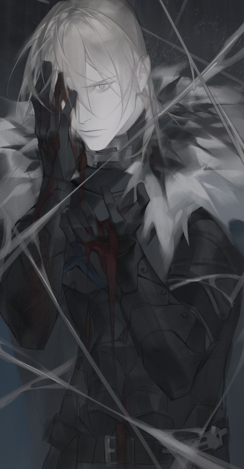 1boy, armor, belt, black_fur, blonde_hair, blood, blood_on_clothes, blood_on_face