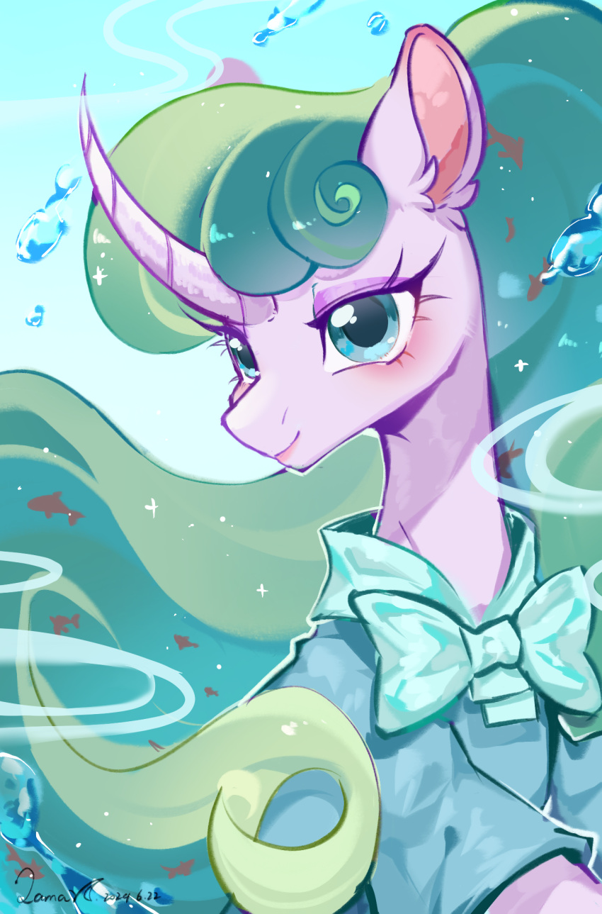 animal, animal_focus, aqua_bow, aqua_bowtie, blue_background, blue_eyes, blue_shirt, bow, bowtie, bubble, chinese_commentary, clothed_animal, commentary_request, eyelashes, fish, highres, long_hair, mistmane, my_little_pony, my_little_pony:_friendship_is_magic, no_humans, pony_(animal), poyuewu, purple_fur, shirt, smile, unicorn, upper_body, very_long_hair