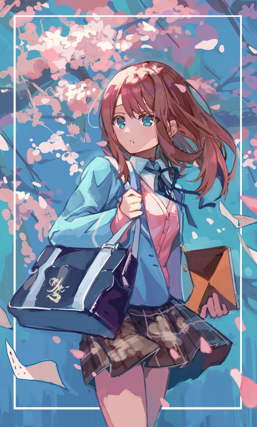 1girl, absurdres, anzu_(ensemble_stars!), arm_at_side, bag, blurry, blurry_background, book