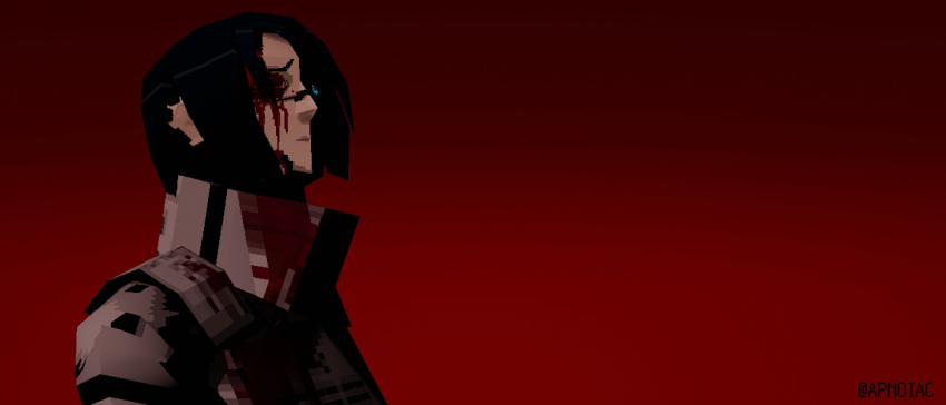 1girl, 3d, android, apnoiac, armor, black_hair, blood, blood_on_armor
