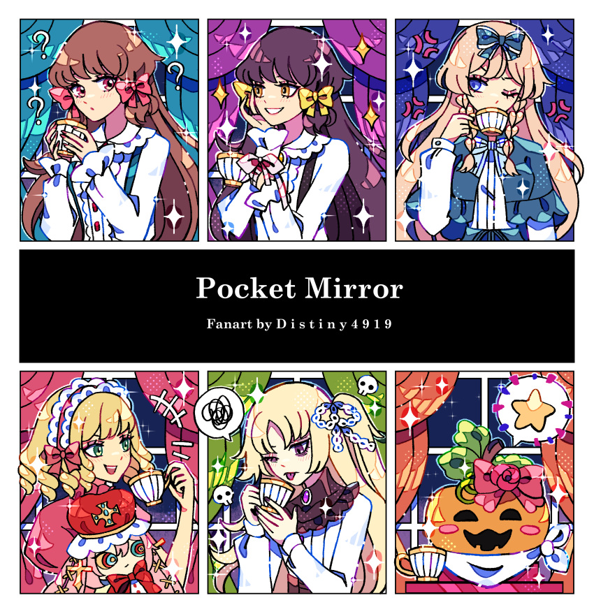 5girls, ?, absurdres, blonde_hair, brown_hair, cup, curtains, distiny4919, dress, egliette, enjel, fleta_(pocket_mirror), goldia_die_heilige, hair_ribbon, harpae, highres, holding, holding_cup, lisette_(pocket_mirror), multiple_girls, pinafore_dress, pink_hair, pocket_mirror, pumpkin, ribbon, sleeveless, sleeveless_dress, star_(symbol), teacup