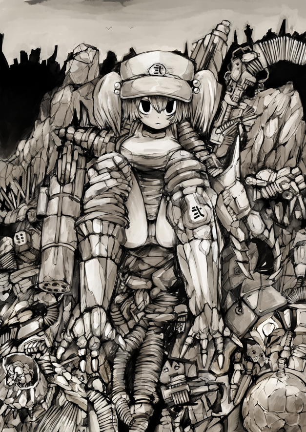 armor, furby, hair_bobbles, hair_ornament, hat, kawashiro_nitori, machine, monochrome