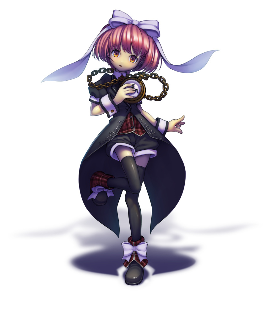 1girl, bad_id, bad_pixiv_id, black_coat, black_thighhighs, boots, bow, chain