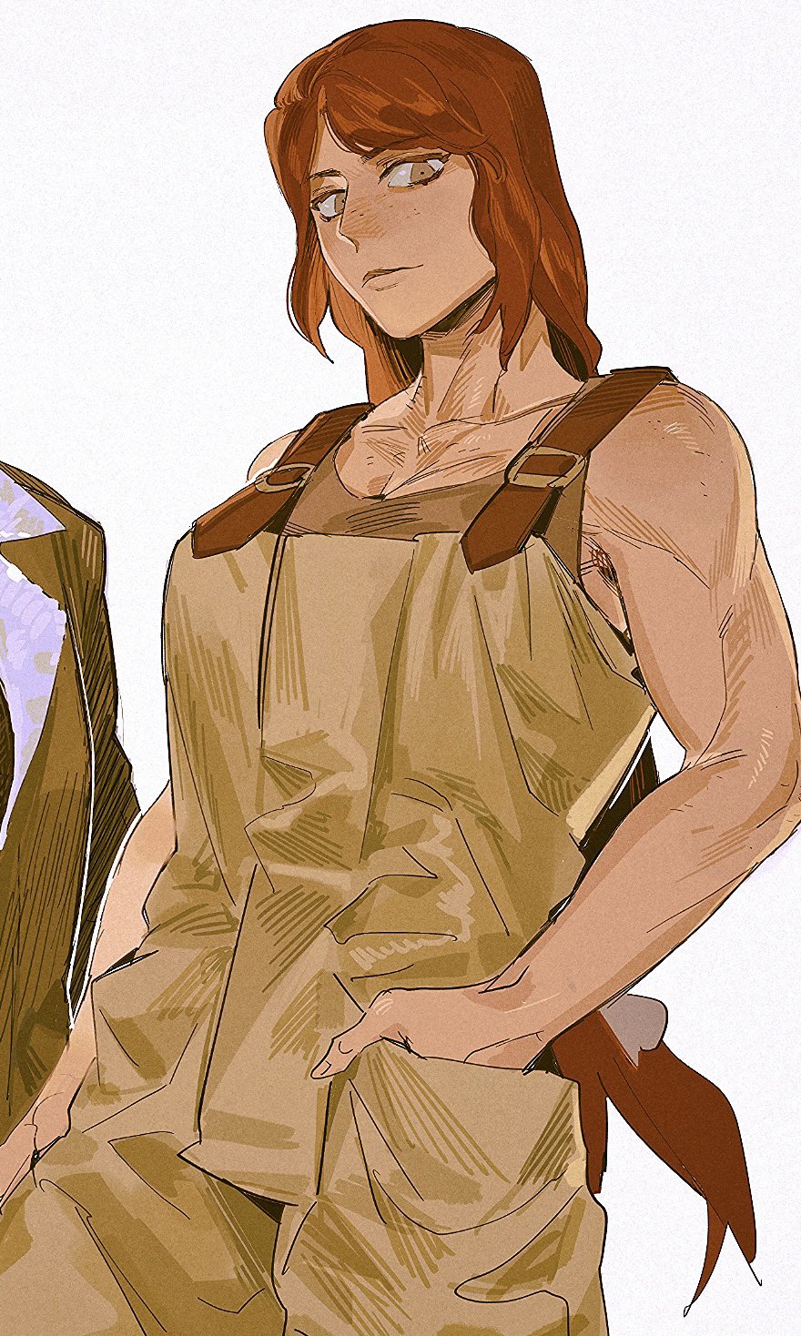 1girl, abella_(fear_&amp;_hunger), brown_tank_top, closed_mouth, collarbone, cowboy_shot, fear_&amp;_hunger, fear_&amp;_hunger_2:_termina