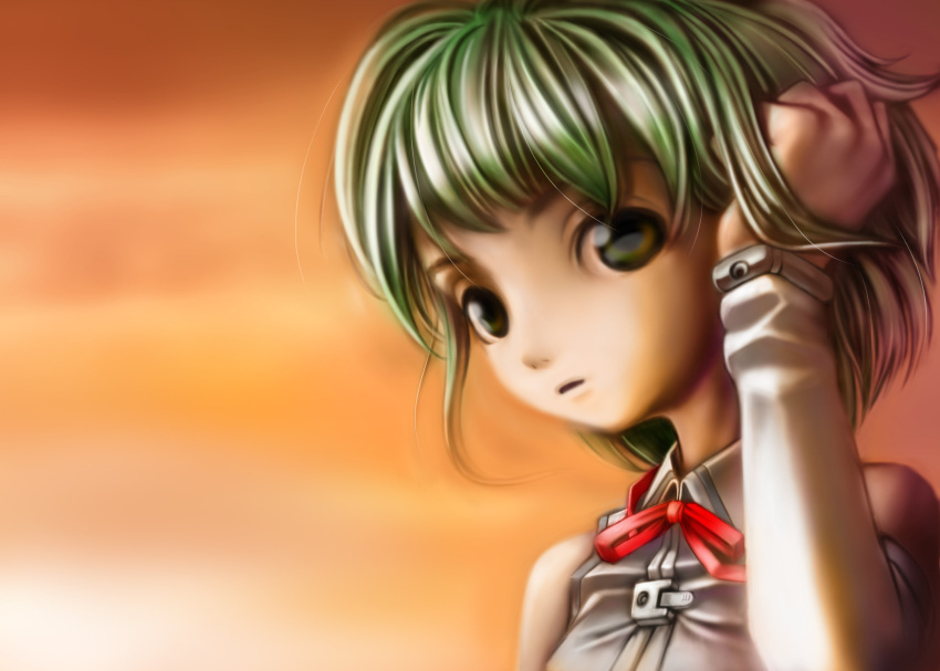 1girl, absurdres, adjusting_hair, bad_id, bad_pixiv_id, bare_shoulders, collared_shirt, expressionless