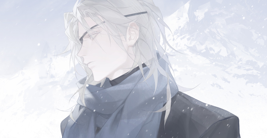 1boy, black_shirt, blonde_hair, blue_eyes, blue_scarf, closed_mouth, contemporary, dimitri_alexandre_blaiddyd
