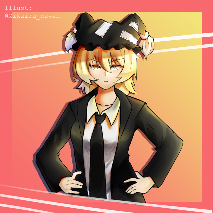1girl, advent_cirno, alternate_costume, black_hat, black_jacket, black_necktie, blonde_hair, collarbone, collared_shirt, commentary, commission, english_commentary, gradient_background, hair_between_eyes, hands_on_own_hips, hat, jacket, long_sleeves, looking_at_viewer, mikairu_heven, mob_cap, necktie, orange_background, original, shirt, short_hair, solo, suit, touhou, twitter_username, upper_body, v-shaped_eyebrows, white_shirt, yakumo_ran, yellow_eyes