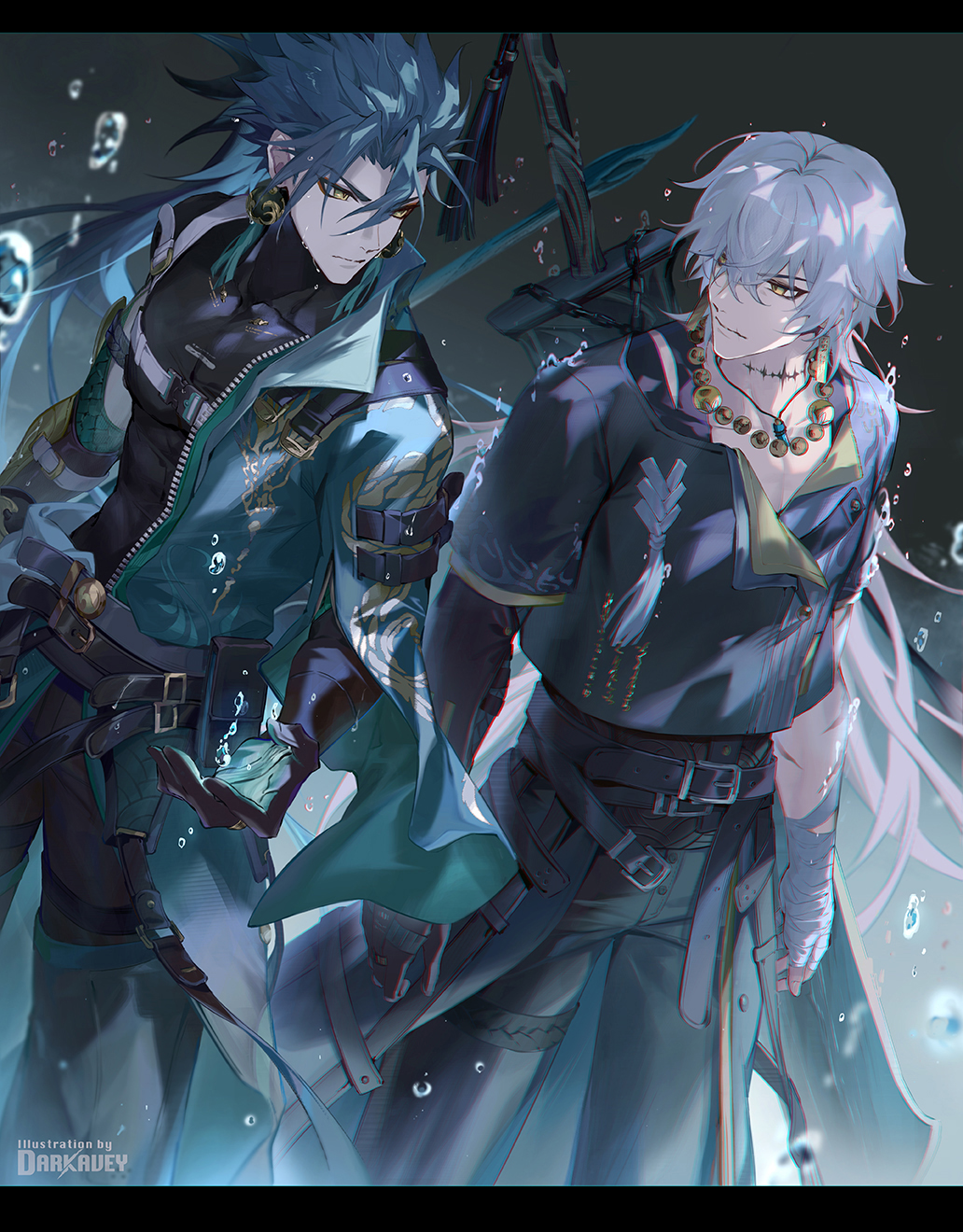 2boys, artist_name, bandaged_arm, bandaged_fingers, bandages, belt, black_belt, black_gloves, black_pants, black_shirt, chromatic_aberration, closed_mouth, commentary, cowboy_shot, curtained_hair, darkavey, earrings, english_commentary, geshulin_(wuthering_waves), gloves, green_hair, green_robe, grey_belt, grey_hair, grey_pants, highres, holding, holding_polearm, holding_weapon, jewelry, jiyan_(wuthering_waves), letterboxed, long_hair, looking_at_another, multiple_belts, multiple_boys, necklace, pants, parted_bangs, polearm, ponytail, rain, robe, scar, scar_on_arm, shirt, short_hair, single_off_shoulder, standing, sword, sword_behind_back, tacet_mark_(wuthering_waves), tassel, toned, toned_male, weapon, wet, wuthering_waves, yellow_eyes