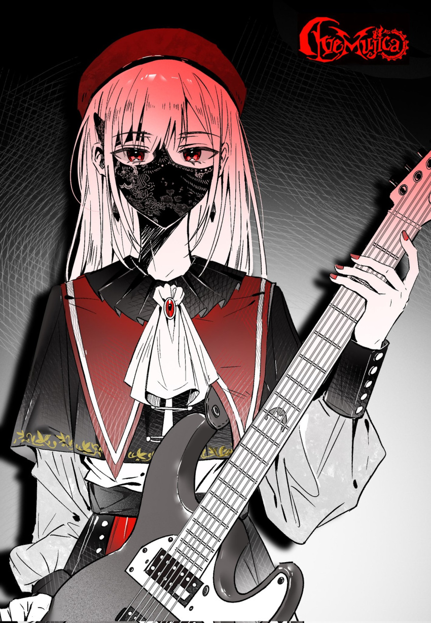 1girl, 7-string_guitar, ascot, bang_dream!, bang_dream!_it's_mygo!!!!!, capelet, earrings, electric_guitar