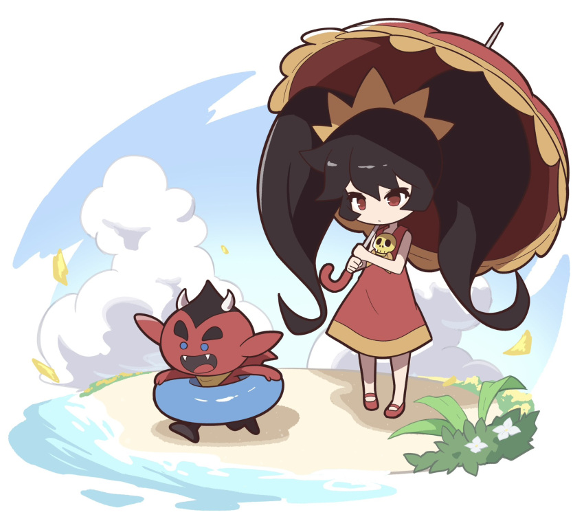 ashley_(warioware), beach, big_hair, blue_sky, clouds, day, demon, dress, highres, holding, holding_swim_ring, holding_umbrella, neckerchief, ocean, orange_neckerchief, outdoors, poyo_party, red_(warioware), red_dress, sand, shore, skull, skull_brooch, skull_ornament, sky, super_mario_bros., swim_ring, tiara, twintails, umbrella, warioware, warioware:_move_it!, water