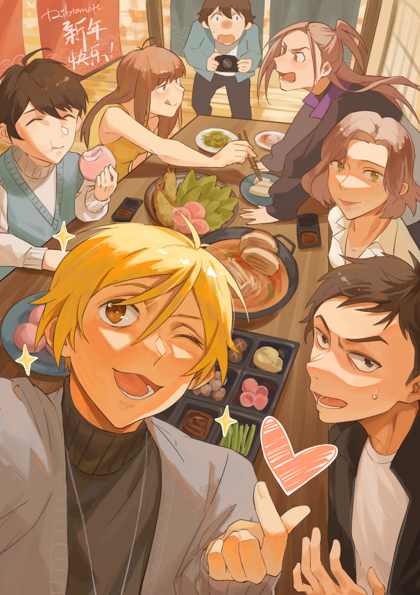 2girls, 5boys, absurdres, artist_name, asahina_haruka, baozi, black_pants, blonde_hair
