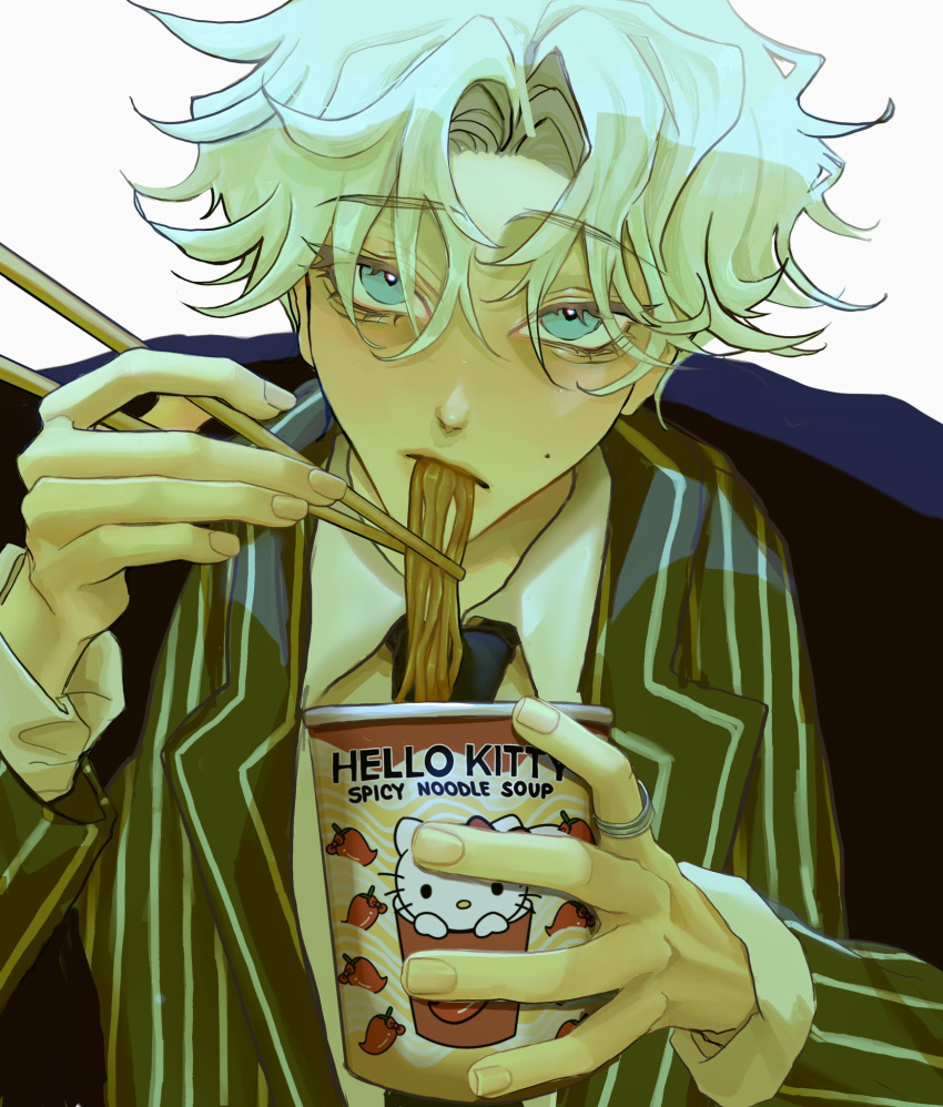 1boy, aegyo_sal, androgynous, black_jacket, blanket, blanket_cape, chopsticks, close_up