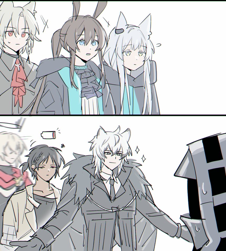 1other, 2girls, 4boys, amiya_(arknights), animal_ears, arknights, ascot, bassline_(arknights)