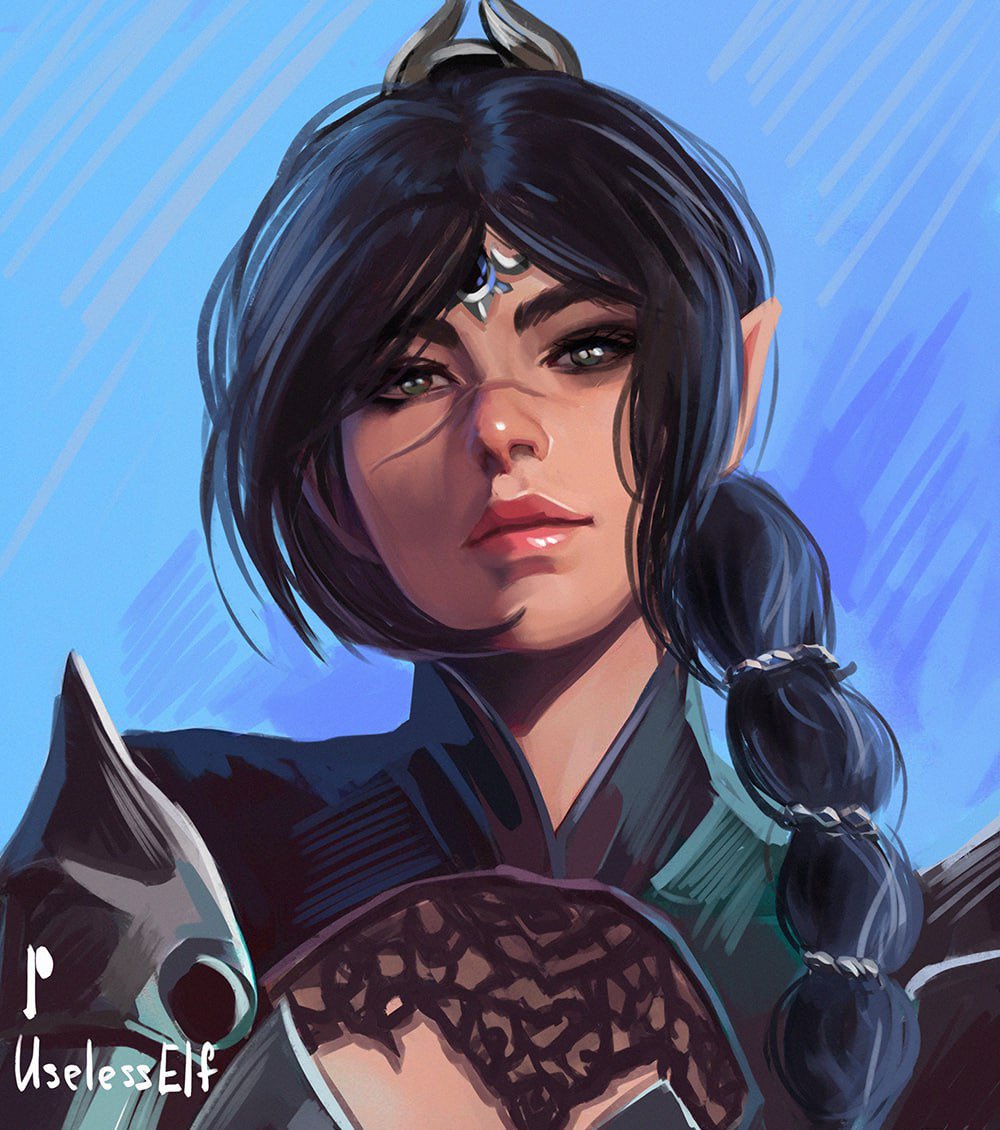 1girl, baldur's_gate, baldur's_gate_3, black_hair, braid, dungeons_&amp;_dragons, elf, green_eyes