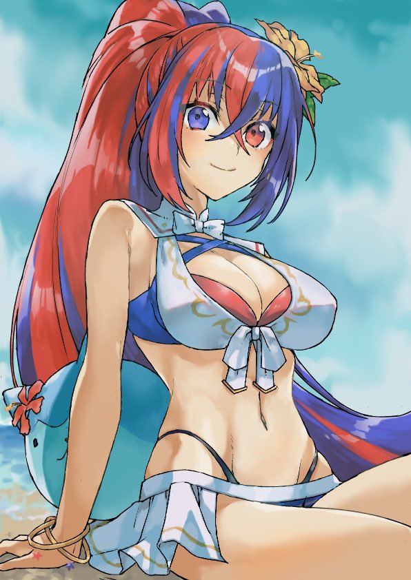1girl, alear_(female)_(fire_emblem), alear_(female)_(seaside_dragon)_(fire_emblem), alear_(fire_emblem), bikini, blue_bikini, character_ball, criss-cross_halter, crossed_bangs, fire_emblem, fire_emblem_engage, fire_emblem_heroes, flower, hair_flower, hair_ornament, halterneck, heterochromia, multicolored_bikini, multicolored_clothes, multicolored_hair, multicolored_swimsuit, navel, official_alternate_hairstyle, red_bikini, scratching_arm, smile, sommie_(fire_emblem), split-color_hair, swimsuit, u7yrfedrjpe1cvb, white_bikini