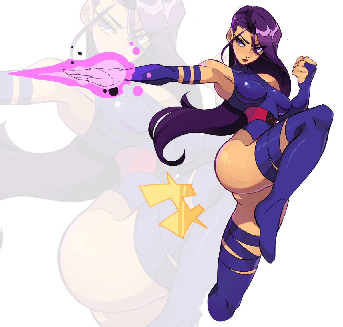 1girl, ass, blue_leotard, bridal_gauntlets, energy_blade, halter_leotard, halterneck, highleg
