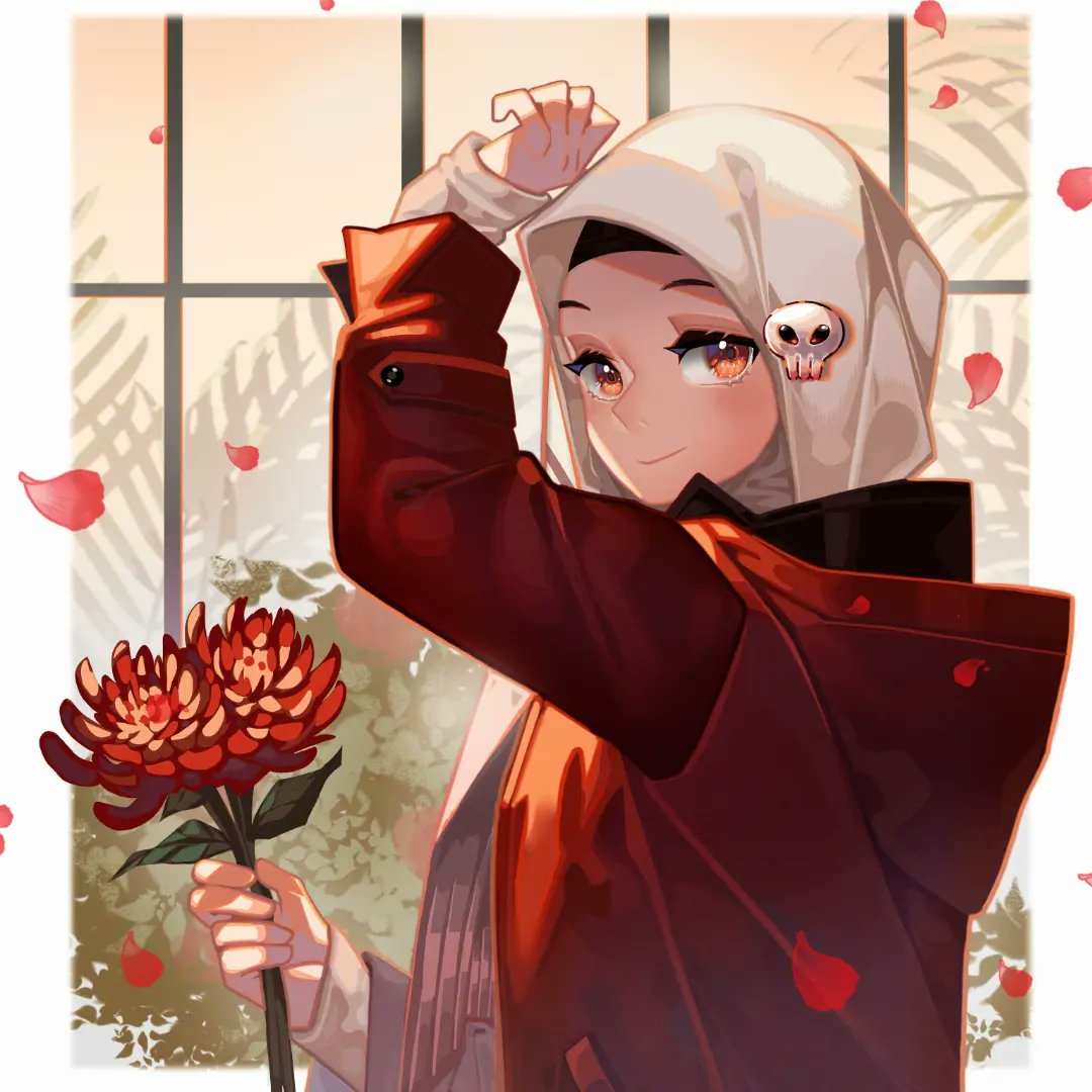 1girl, akuni_(sinoru50), amu_(wee!!), black_hair, blurry, blurry_background, bouquet, brown_eyes