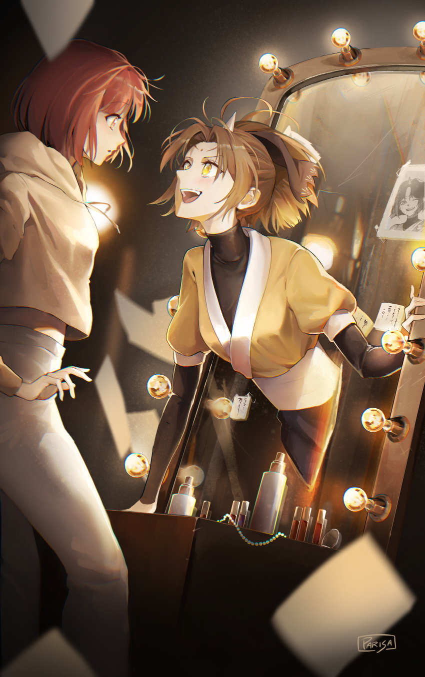 2girls, :d, absurdres, arima_kana, blurry, blurry_foreground, brown_hoodie, dual_persona
