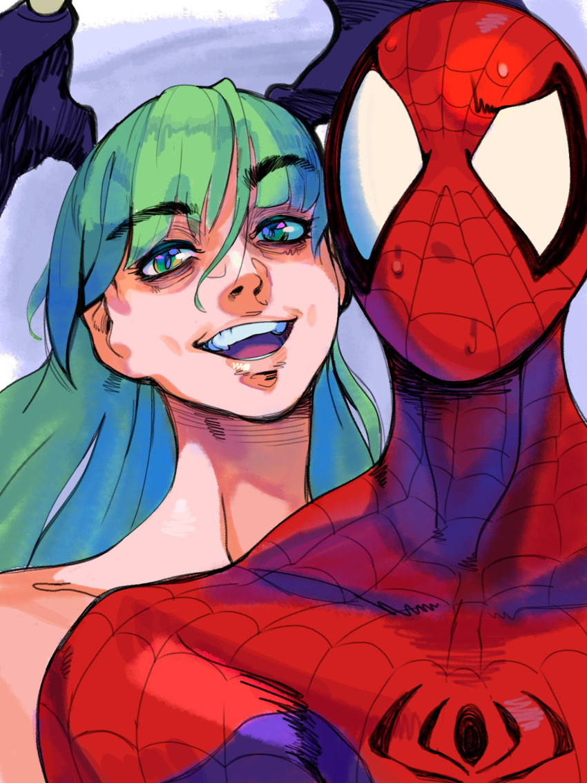 1boy, 1girl, animal_print, blue_bodysuit, bodysuit, capcom, demon_girl, head_wings, highres, marvel, marvel_vs._capcom, morrigan_aensland, red_bodysuit, relusionh, simple_background, smile, spider-man, spider-man_(series), spider_print, superhero_costume, two-tone_bodysuit, vampire_(game), wings