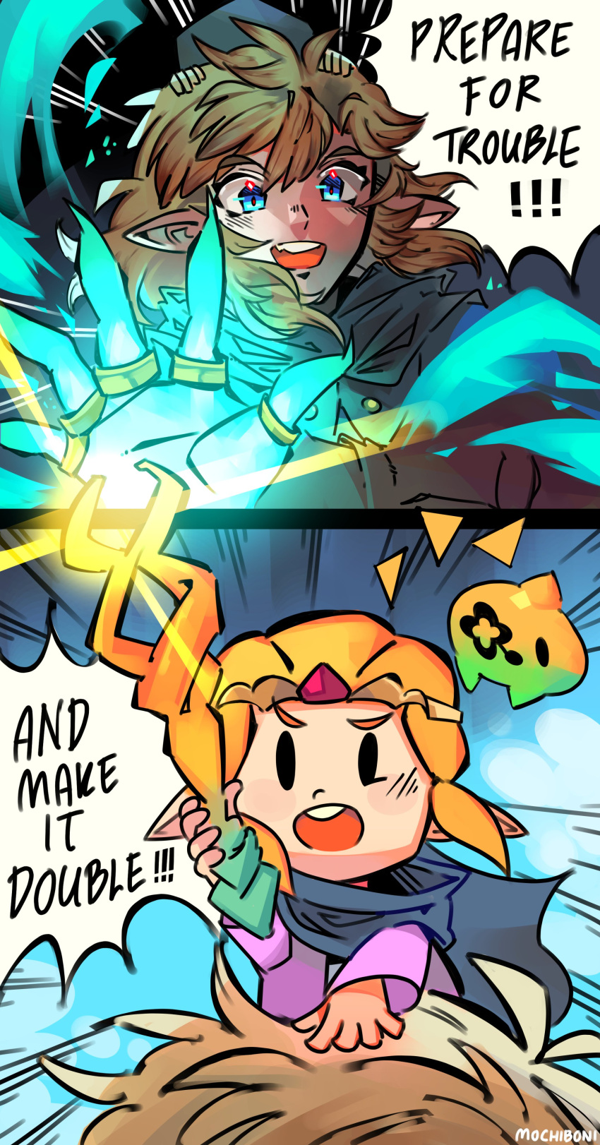 1boy, 1girl, absurdres, blonde_hair, blue_tunic, blush, highres, link, mochiboni, pointy_ears, pokemon, pokemon_(anime), princess_zelda, short_hair, smile, the_legend_of_zelda, the_legend_of_zelda:_echoes_of_wisdom, the_legend_of_zelda:_tears_of_the_kingdom, tunic