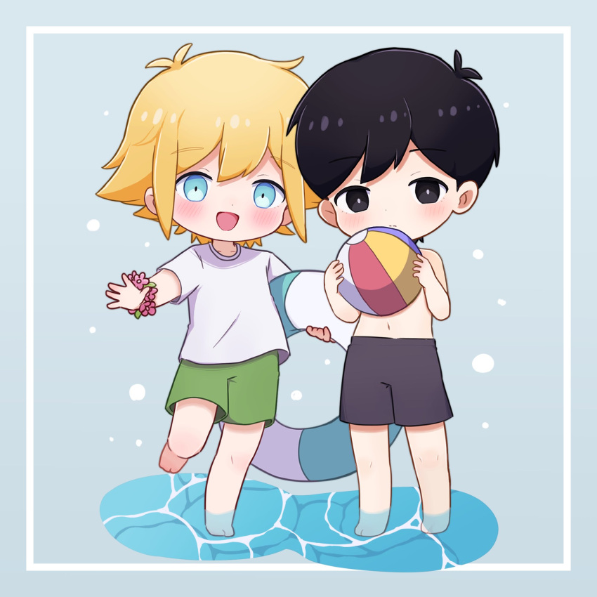 2boys, basil_(faraway)_(omori), basil_(omori), black_eyes, black_hair, blonde_hair, blue_eyes, blush