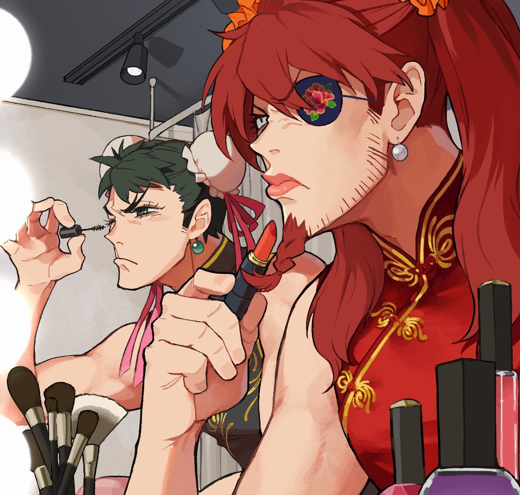 2boys, alternate_hairstyle, applying_makeup, beard, black_dress, bottle, bun_cover, china_dress