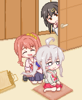 3girls, :d, ^_^, ahoge, aki_magure, bag, black_hair, black_skirt, chibi, chibi_only, closed_eyes, commentary_request, cushion, door, hair_between_eyes, hair_ornament, hairclip, hairdressing, hozuki_kaede, indoors, long_hair, lowres, multiple_girls, o_o, onii-chan_wa_oshimai!, open_mouth, oyama_mahiro, oyama_mihari, paper_bag, peeking_out, pixel_art, pleated_skirt, red_skirt, redhead, school_uniform, serafuku, side_ponytail, sidelocks, sitting, skirt, smile, white_hair, zabuton