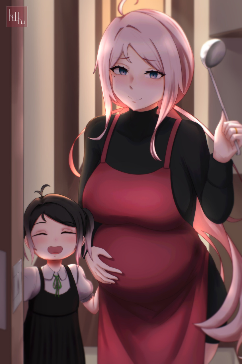 2girls, absurdres, aged_up, ahoge, apron, aqua_eyes, black_dress, black_hair, blush, child, closed_eyes, commentary, doorway, dress, english_commentary, fang, gradient_hair, highres, holding, holding_ladle, ladle, long_hair, long_sleeves, looking_at_viewer, love_live!, love_live!_nijigasaki_high_school_idol_club, medium_hair, mole, mole_under_eye, mother_and_daughter, multicolored_hair, multiple_girls, open_mouth, pagongznoterte, pink_hair, pov_doorway, pregnant, red_apron, shirt, signature, smile, twintails, white_shirt, zhong_lanzhu