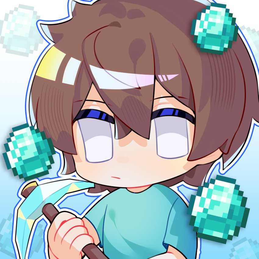 1boy, absurdres, animification, blue_outline, blue_shirt, border, brown_hair, chibi