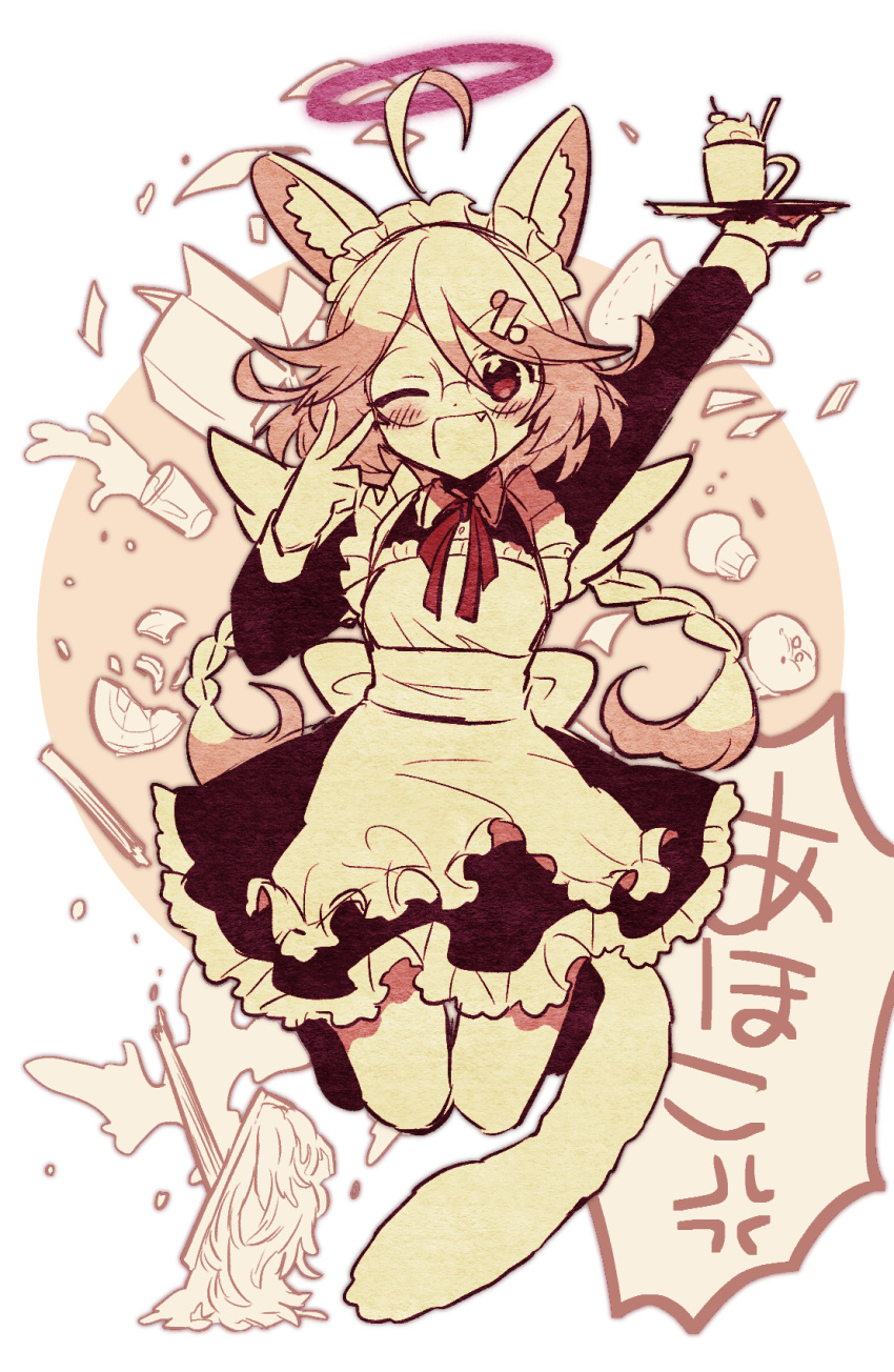 1girl, ;d, ahoge, alternate_costume, animal_ears, apron, arm_up, black_dress