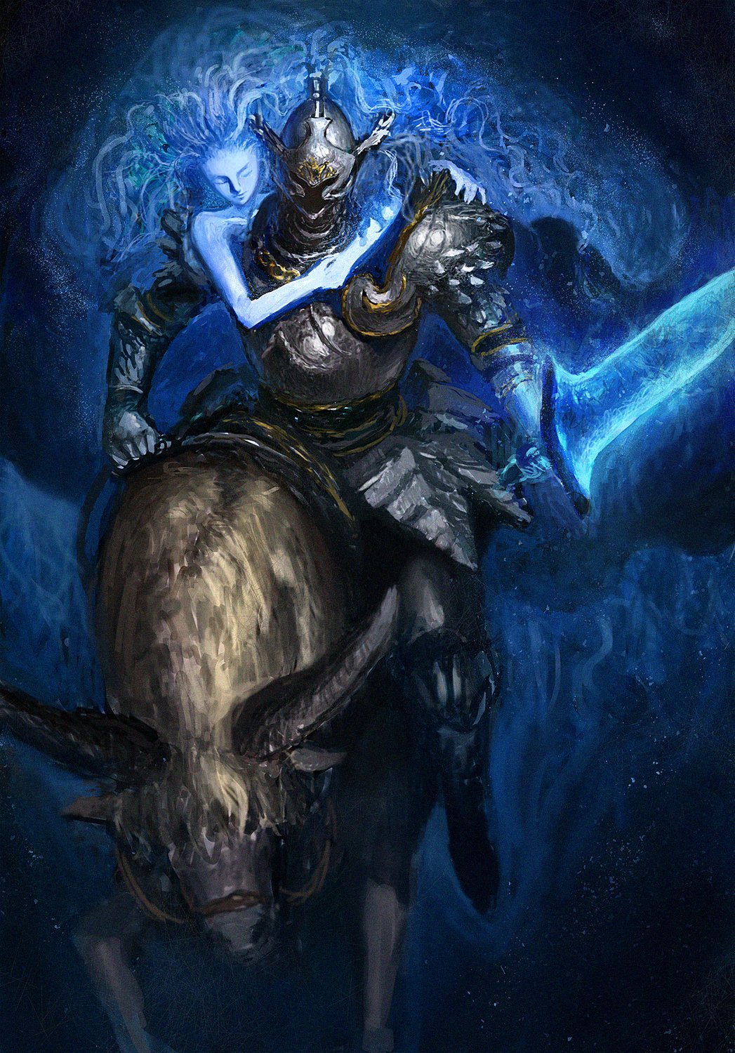 1girl, 1other, ambiguous_gender, armor, blue_eyes, blue_hair, blue_skin, closed_mouth