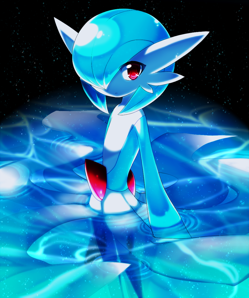 alternate_color, blue_hair, blue_skin, bob_cut, colored_skin, dress, gardevoir, hair_over_one_eye