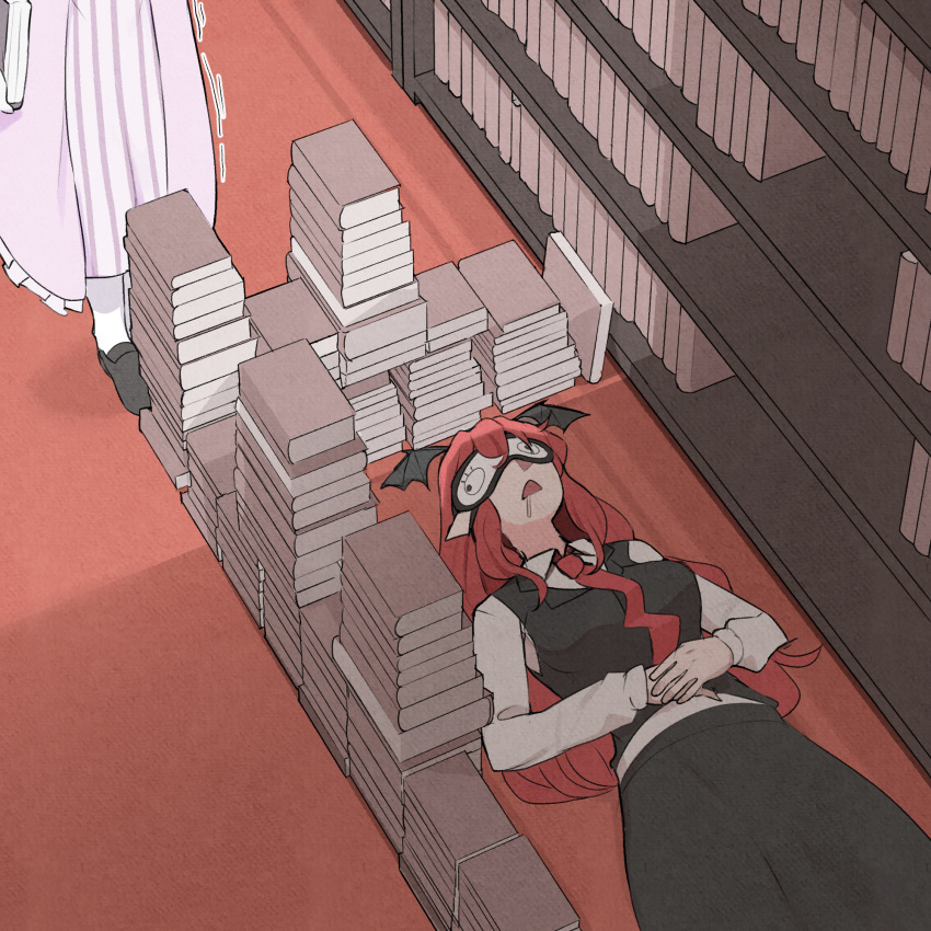 2girls, bat_wings, black_vest, book, book_stack, bookshelf, breasts, dress