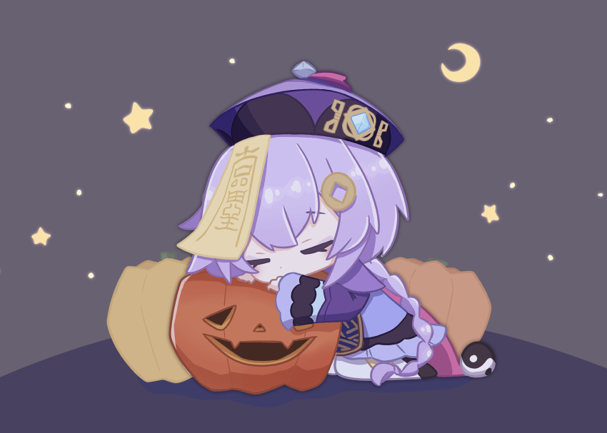 1girl, bead_necklace, beads, braid, chibi, dress, genshin_impact, hair_between_eyes, hair_ornament, hat, hatoba_(hatoba_yado), highres, jack-o'-lantern, jewelry, jiangshi, long_hair, long_sleeves, necklace, ofuda, purple_hair, qingdai_guanmao, qiqi_(genshin_impact), sleeping, solo, thigh-highs, violet_eyes