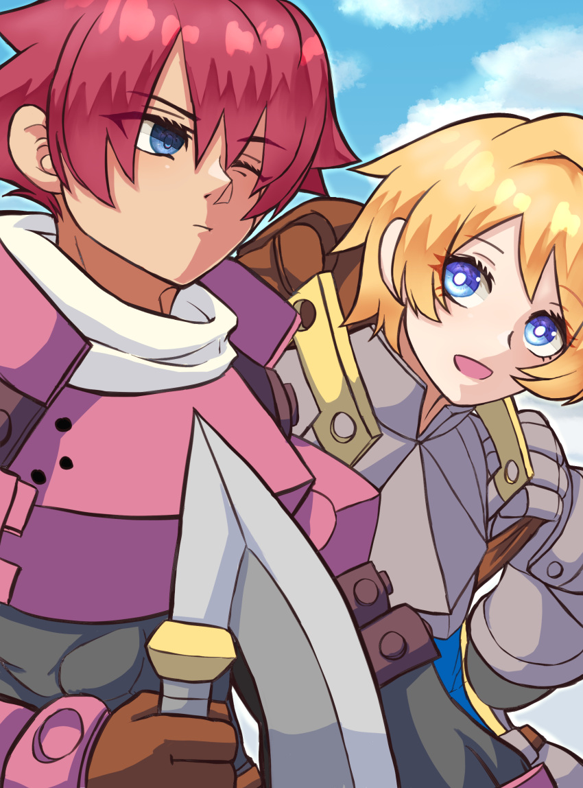 2boys, :d, absurdres, armor, backpack, bag, blonde_hair, blue_eyes, bright_pupils, day, hair_between_eyes, hesesush, highres, holding, holding_weapon, multiple_boys, one_eye_closed, outdoors, paladin_(sekaiju), paladin_1_(sekaiju), redhead, sekaiju_no_meikyuu, sky, smile, swordsman_(sekaiju), swordsman_3_(sekaiju), upper_body, weapon, white_pupils