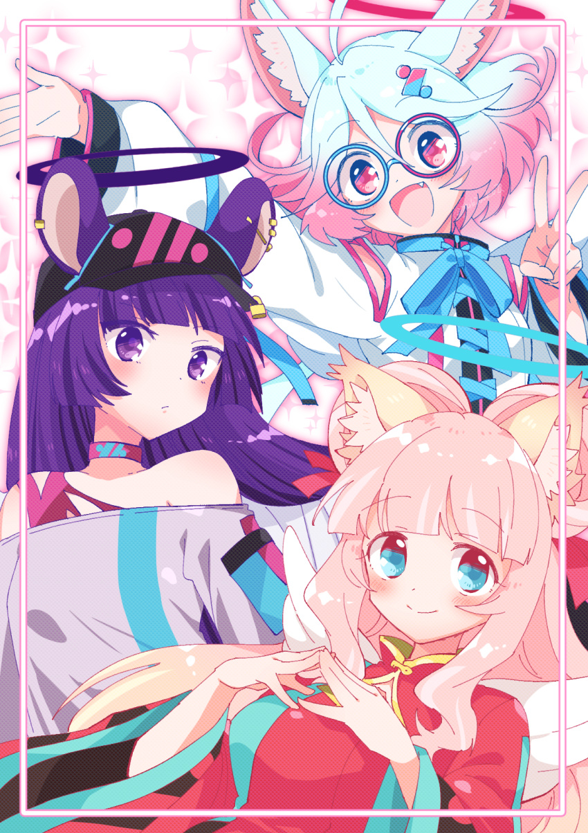 3girls, :d, ahoge, animal_ear_fluff, animal_ear_piercing, animal_ears, baseball_cap, black_hat