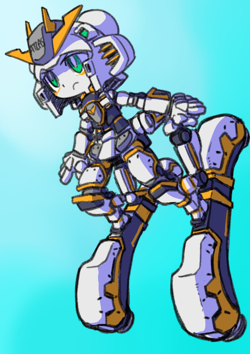 1girl, armor, atlas_gundam, bright_pupils, character_name, closed_mouth, commentary_request, frown