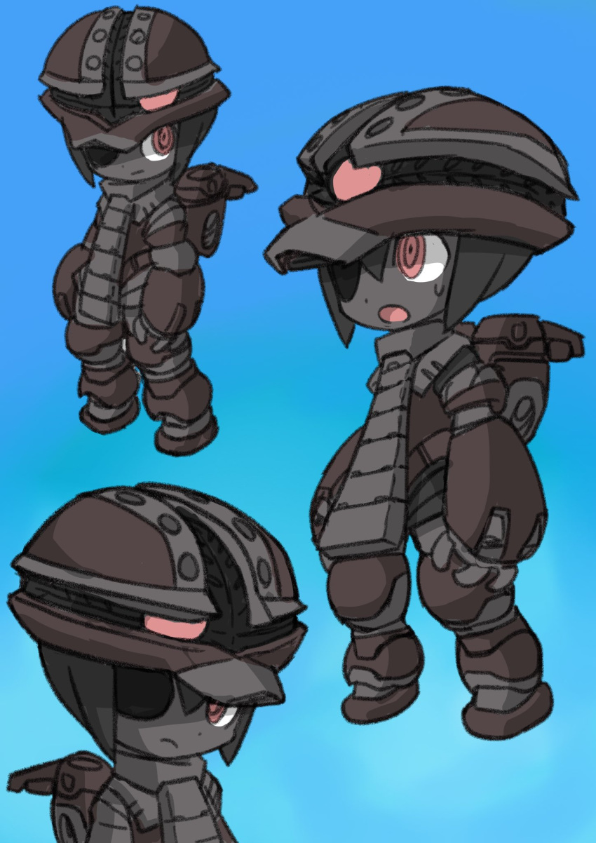 1girl, :/, acguy, armor, arms_at_sides, blue_background, closed_mouth, commentary_request