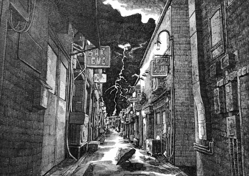 air_conditioner, alley, brick_wall, building, electric_panel, highres, ibsukionsen, lamppost