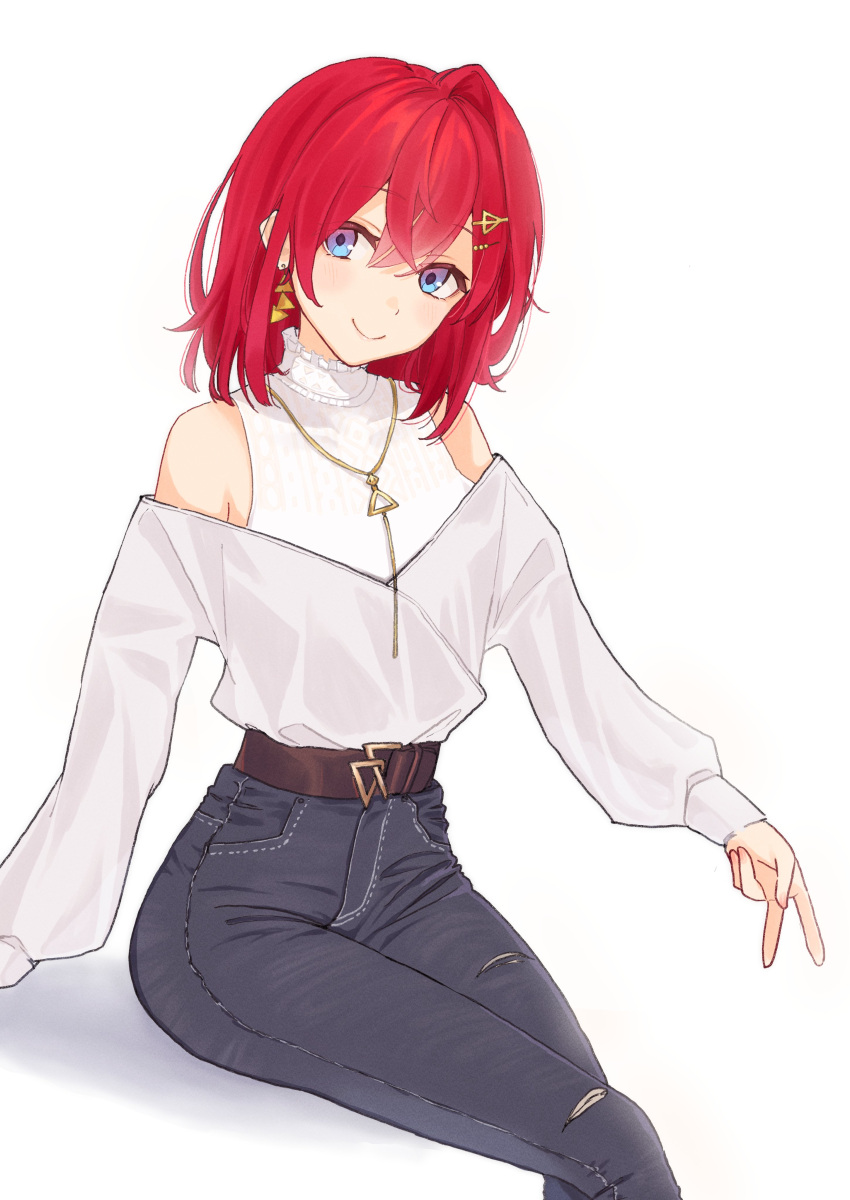 1girl, absurdres, ange_katrina, ange_katrina_(5th_costume), bare_shoulders, belt, blue_eyes, commentary, crossed_bangs, crossed_legs, cv9390022, denim, earrings, gyaru_v, hair_between_eyes, hair_ornament, hairpin, highres, jeans, jewelry, medium_hair, necklace, nijisanji, pants, redhead, shirt, single_earring, single_hair_intake, sitting, smile, solo, torn_clothes, torn_jeans, torn_pants, v, virtual_youtuber, white_background, white_shirt