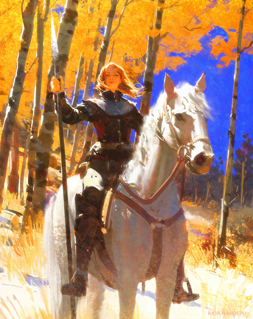 1girl, absurdres, animal, armor, artist_name, autumn_leaves, belt, birch_tree
