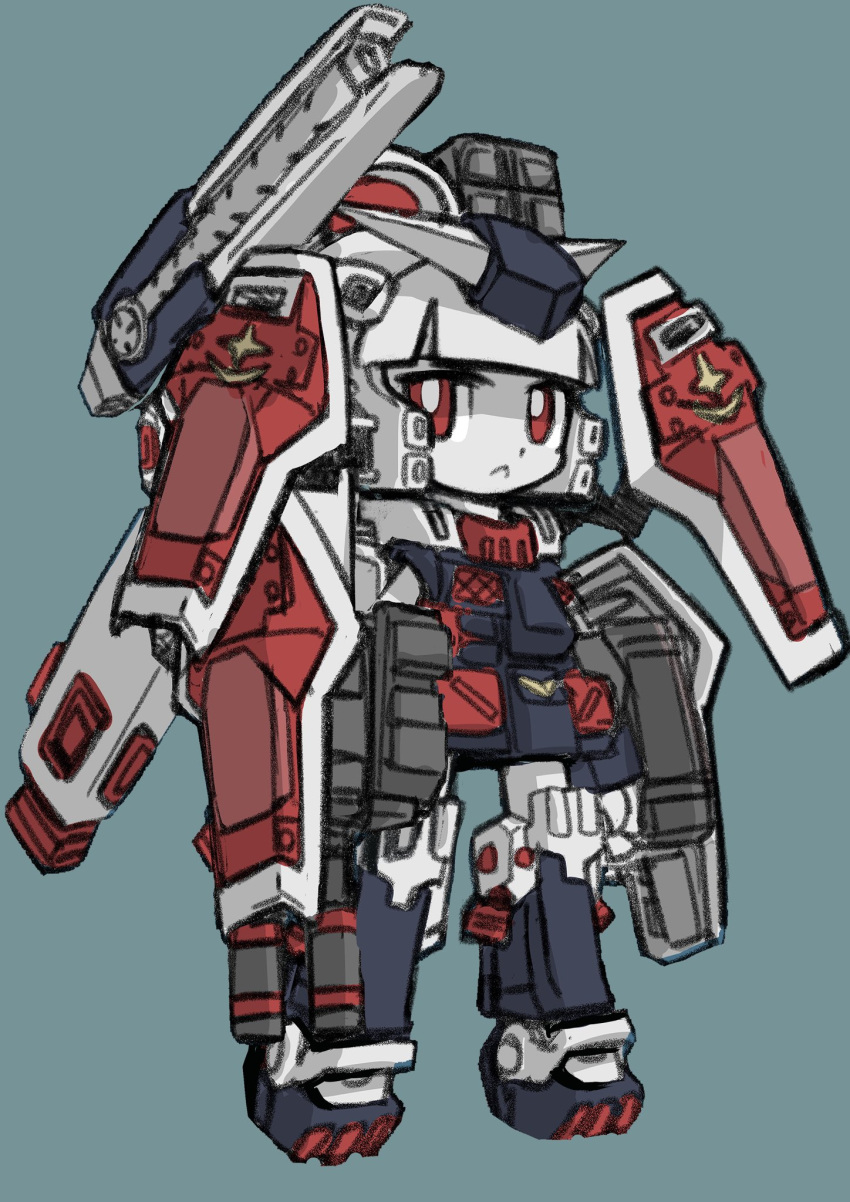 1girl, :<, arm_mounted_weapon, armor, armored_boots, arms_at_sides, beam_cannon, boots