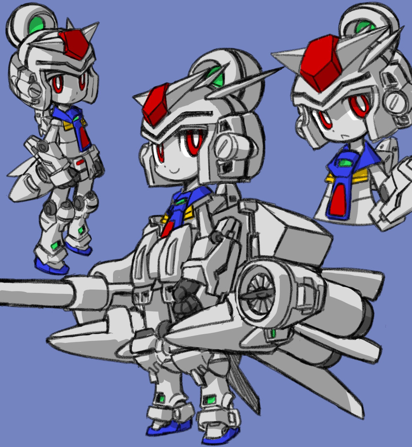1girl, :<, :/, armor, armored_boots, arms_at_sides, beam_cannon, blue_background, boots, bright_pupils, clenched_hand, clenched_hands, closed_mouth, commentary_request, cropped_torso, dendrobium_schema, gundam, gundam_0083, gundam_gp-03_dendrobium, gundam_gp-03_stamen, helmet, highres, humanization, izuna_yoshitsune, multiple_views, red_eyes, simple_background, smile, standing, v-fin, white_pupils